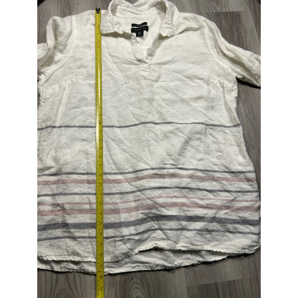 Tahari 1X Linen Stripe Collared V-Neck Roll-Tab Sleeve Shirt Top Womens tunic - Picture 6 of 7